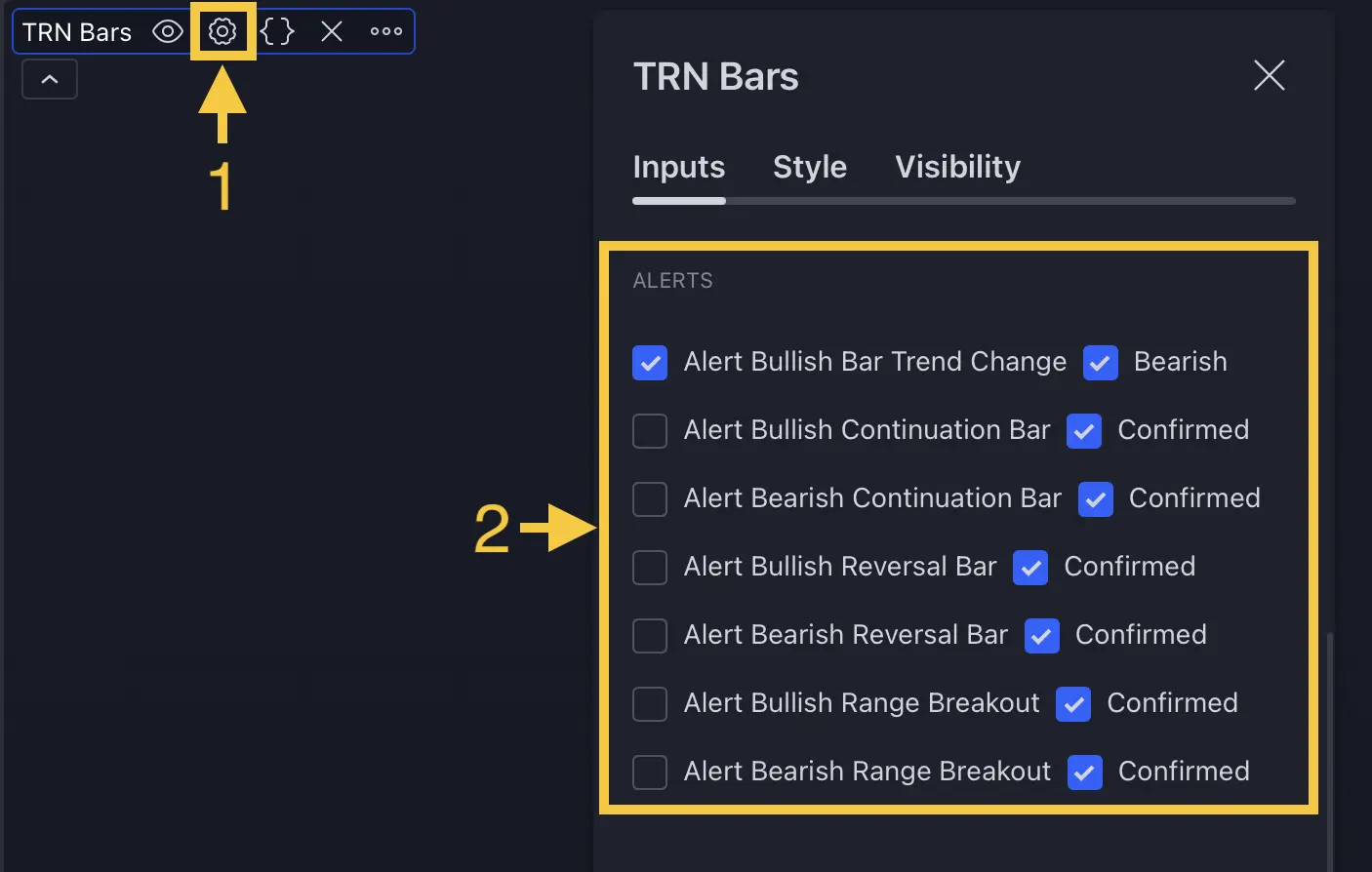 Alert type selection interface in TRN Trend Bars Pro