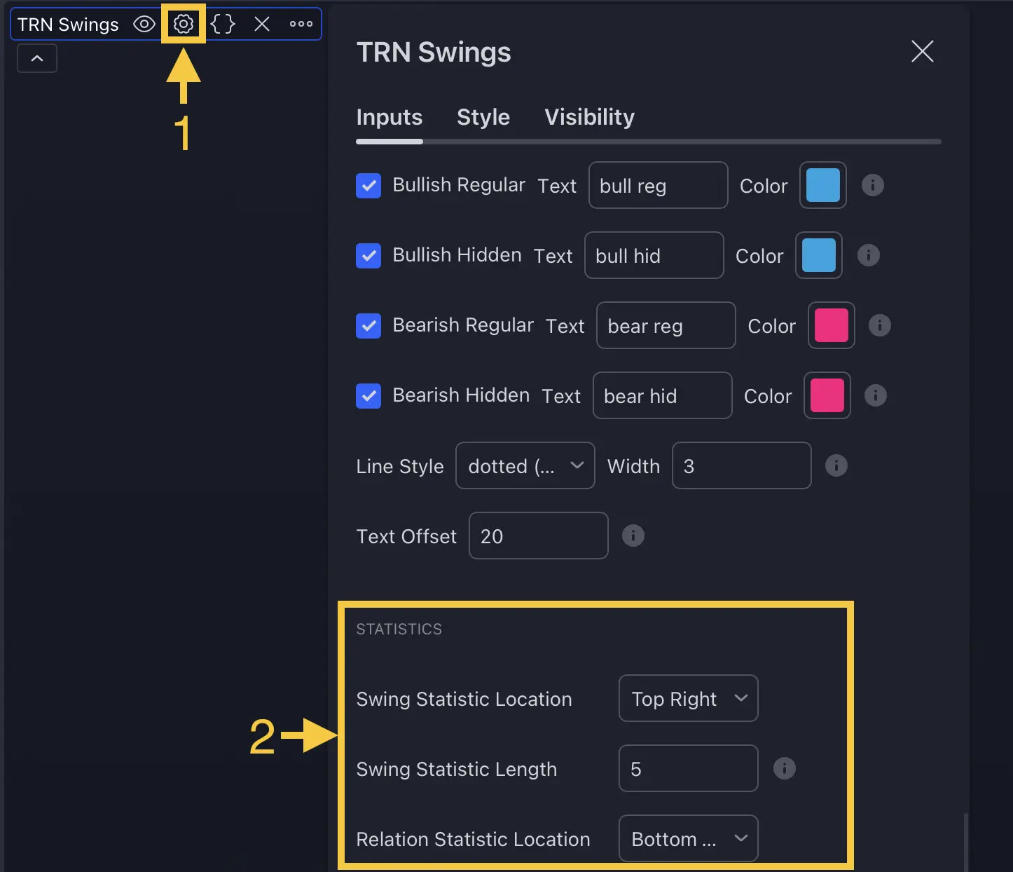 TRN Swing Suite statistics configuration panel showing customizable parameters