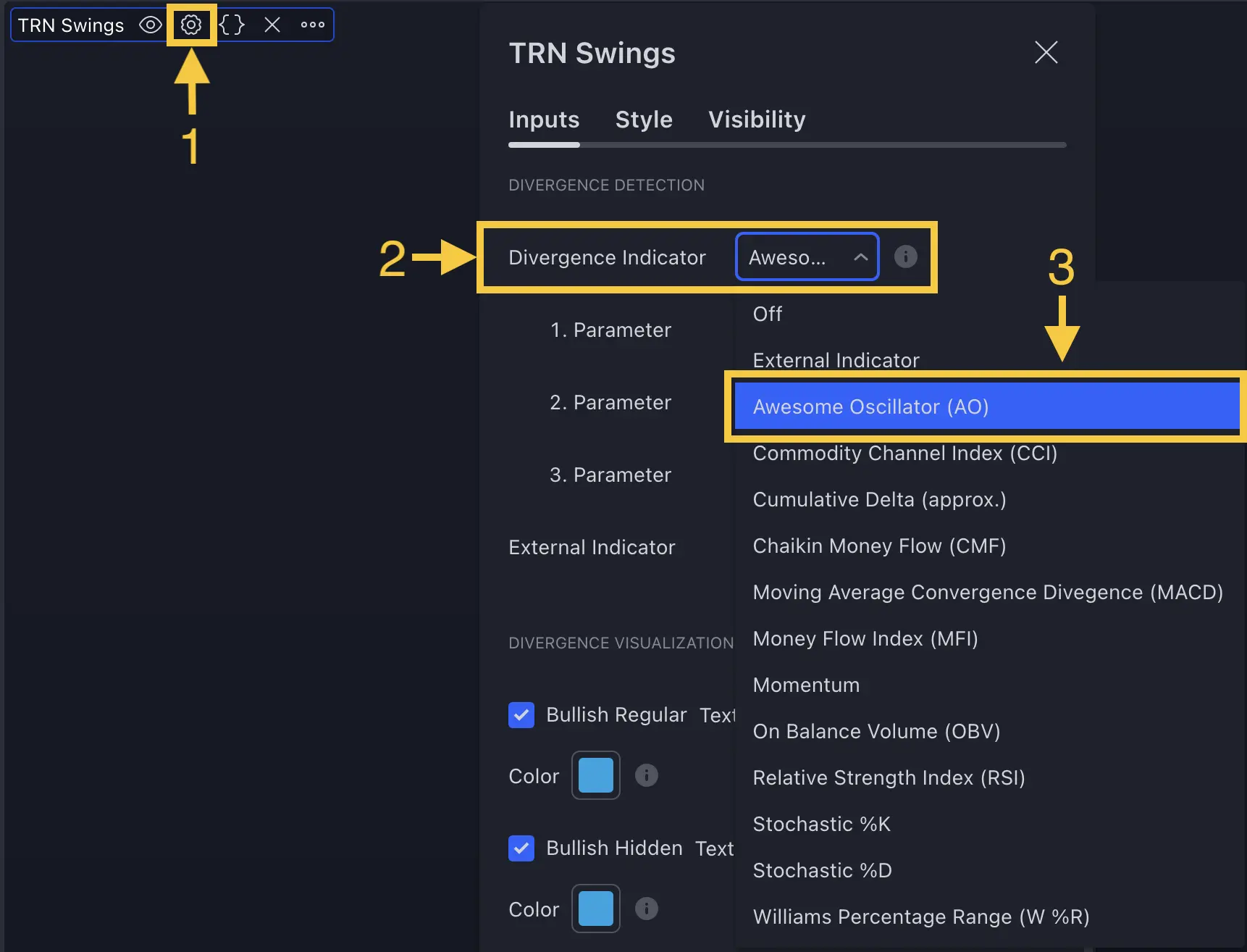 TRN Swing Suite parameter settings for optimal divergence detection